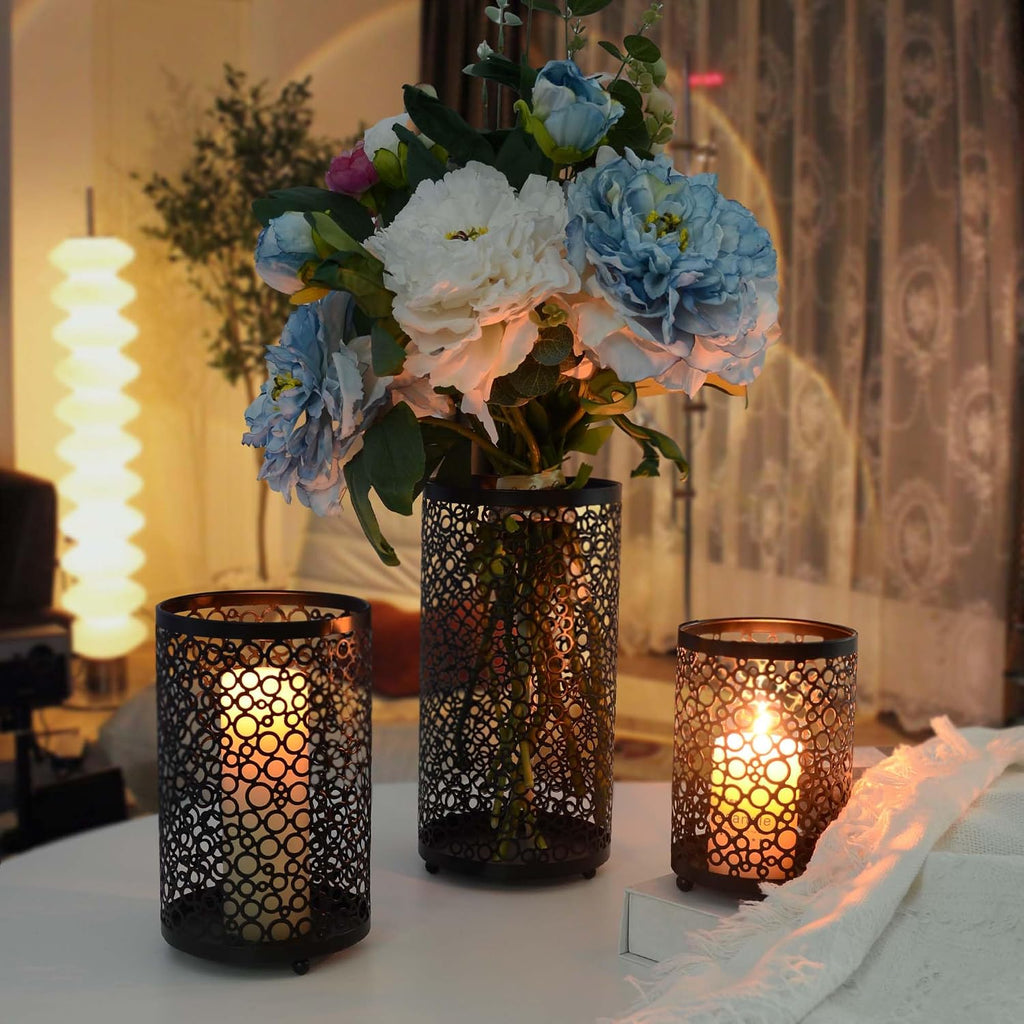 Metal Candle Holders Set of 3, Decorative Tealight Candle Holder Sets, Candlestick for Pillar Vintage Style Perfect for Tabletop Centerpieces (Black, Bubble Pattern)