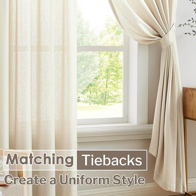 Melodieux Beige Semi Sheer Curtains 63 Inch Length for Bedroom Living Room, Farmhouse Linen Texture Light Filtering Home Office Shiny Sheer Drapes Rod Pocket, 52" W x 63" L, 2 Panels