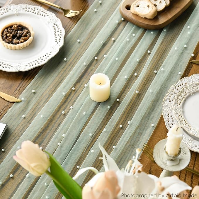 Artoid Mode Pearl Green Gauze Table Runner 120 Inch 10FT, Seasonal Sheer Dining Holiday Wedding Birthday Baby Shower Table Decor for Home Party
