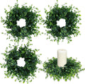 Mini Green Boxwood Candle Rings Wreaths Spring Summer Kitchen Cabinet Swags Wreath 3 Inch Wedding Rings Wreaths Pillar Candle Holder for Wedding Home Door Tabletop Decor (4, Green Boxwood)