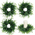 Mini Green Boxwood Candle Rings Wreaths Spring Summer Kitchen Cabinet Swags Wreath 3 Inch Wedding Rings Wreaths Pillar Candle Holder for Wedding Home Door Tabletop Decor (4, Green Boxwood)