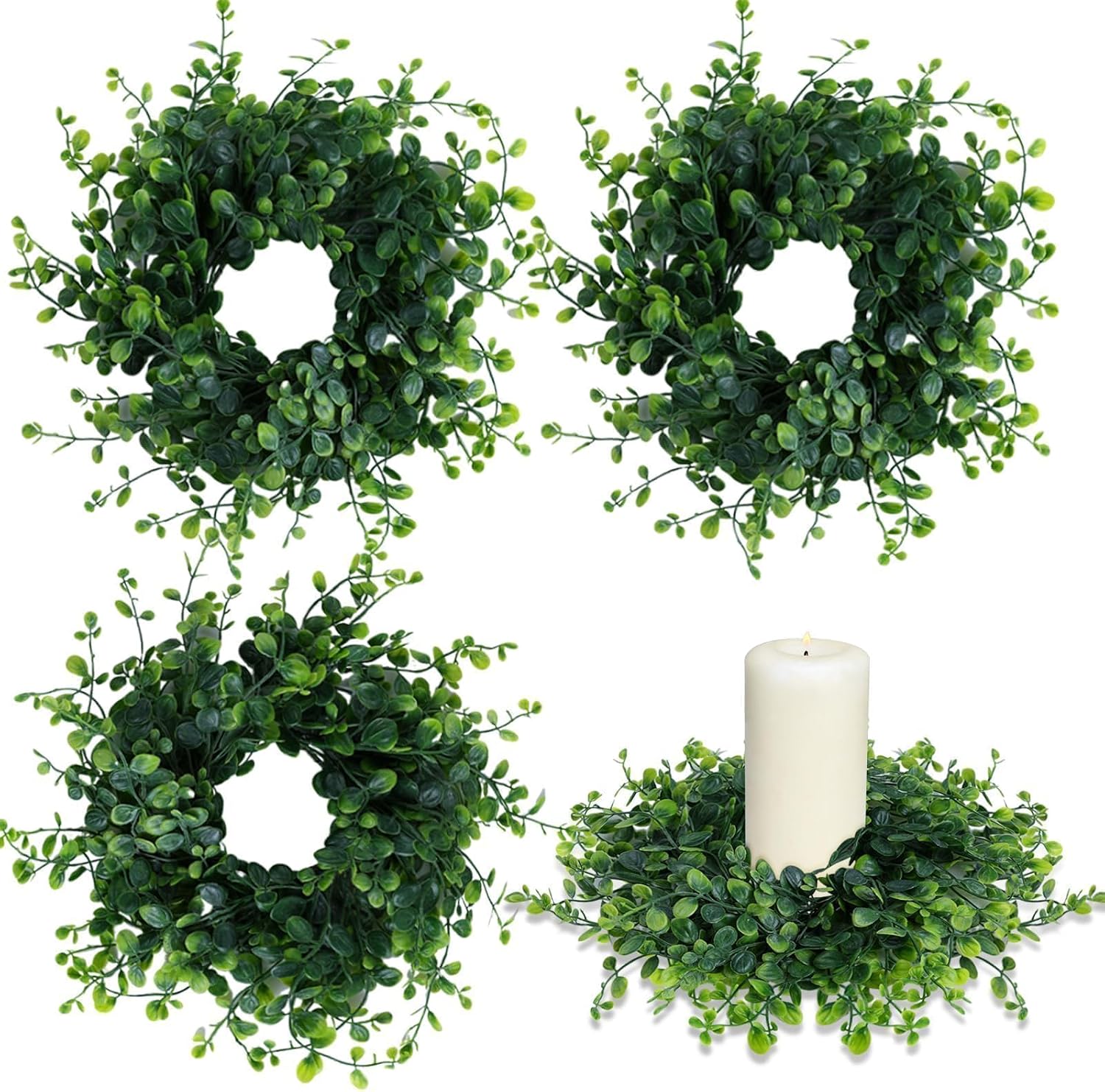 Mini Green Boxwood Candle Rings Wreaths Spring Summer Kitchen Cabinet Swags Wreath 3 Inch Wedding Rings Wreaths Pillar Candle Holder for Wedding Home Door Tabletop Decor (4, Green Boxwood)