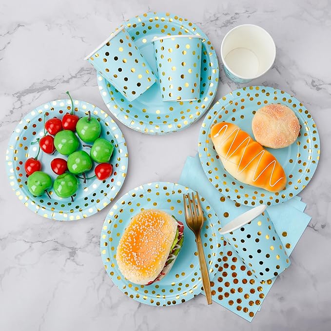 Sveikie160 Pcs blue And Gold Paper Plates, Birthday Cake Party Plates And Napkins, Wedding Disposable Utensils For Birthday Graduation Wedding And Holiday Celebrations Serves 40 (blue)
