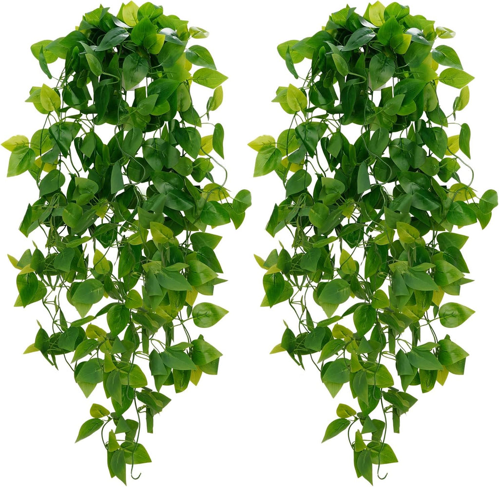 BLEUM CADE Fake Hanging Plants, 2pcs Artificial Pothos Vines Faux Plants Greenery for Wall Home Living Room Office Indoor Outdoor Decor (No Baskets)