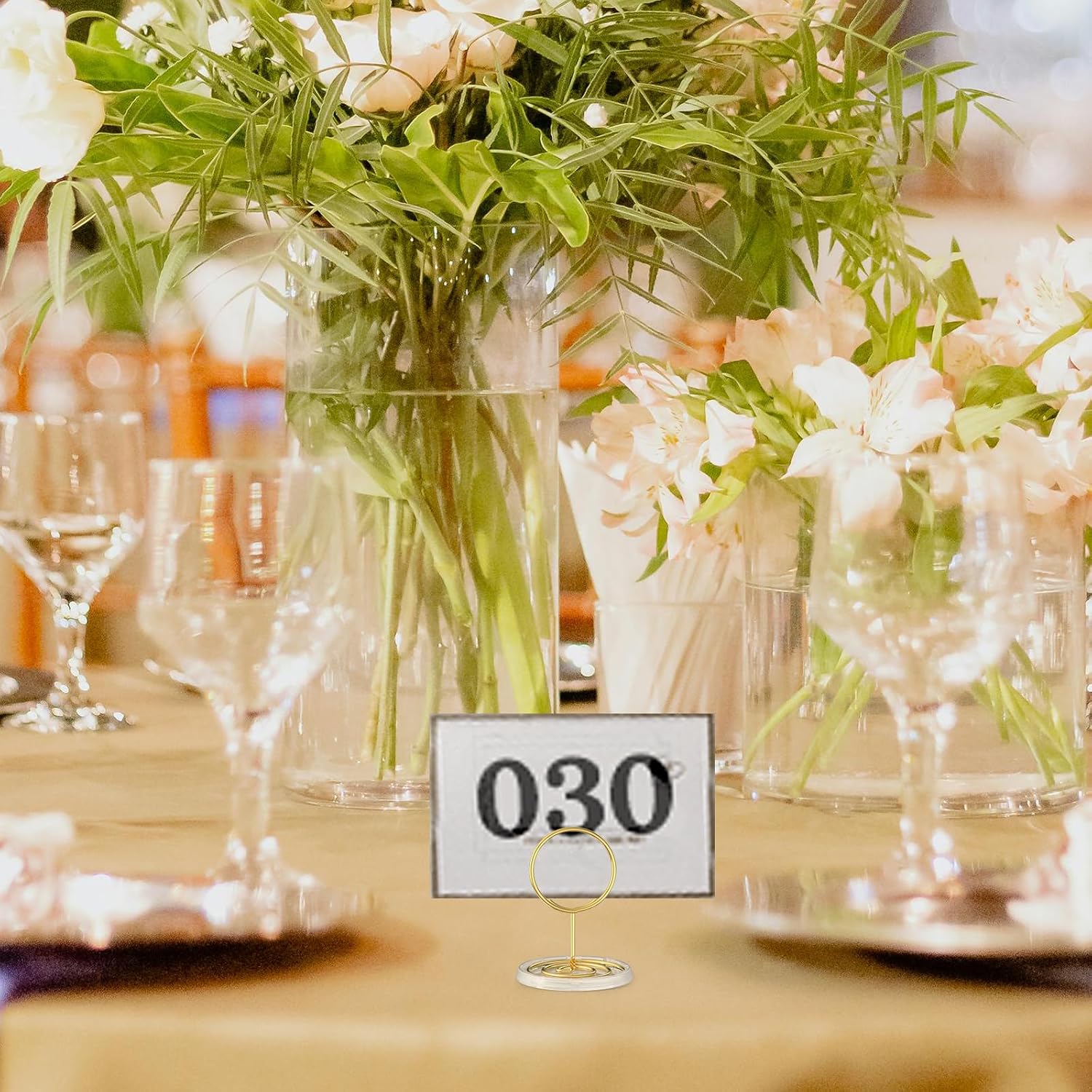 30 Pack Gold Table Number Holders with Clear Stable Base – Metal Place Card Holders for Table, Photo Picture Stands Card Holders for Wedding Party Banquet Restaurant Events (Gold)