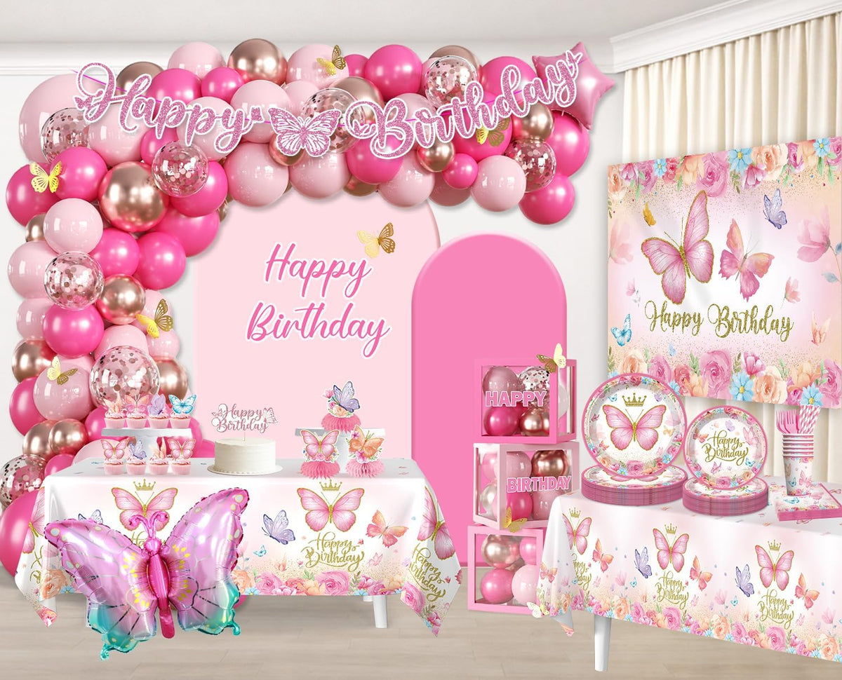 pink butterfly birthday decorations, all-in-one set for 25, close-up detail