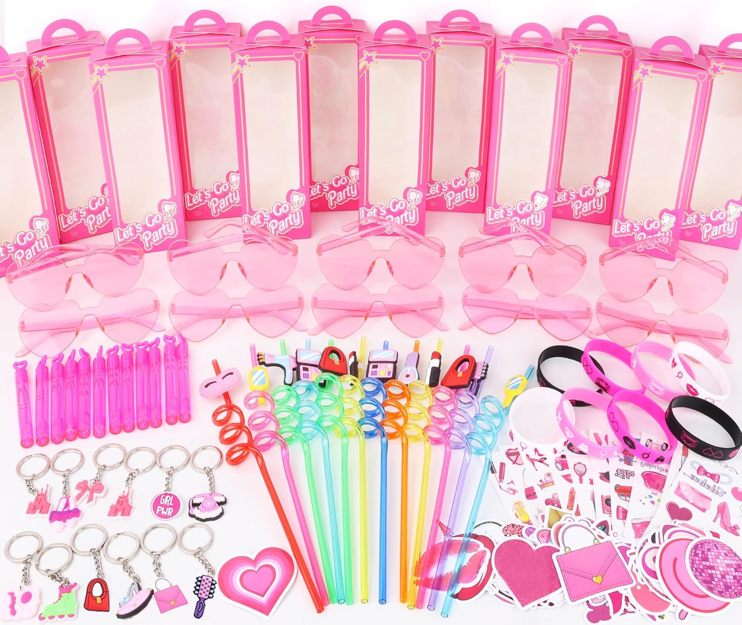 184Pcs Pink Girls Party Favors Pack - For 12Guests, Includ Goodie Box Heart Glasses Straws Bubble Wands Tattoo Sticker Bracelet Keychain, for Kids Girls Birthday Party Decoration Supplies