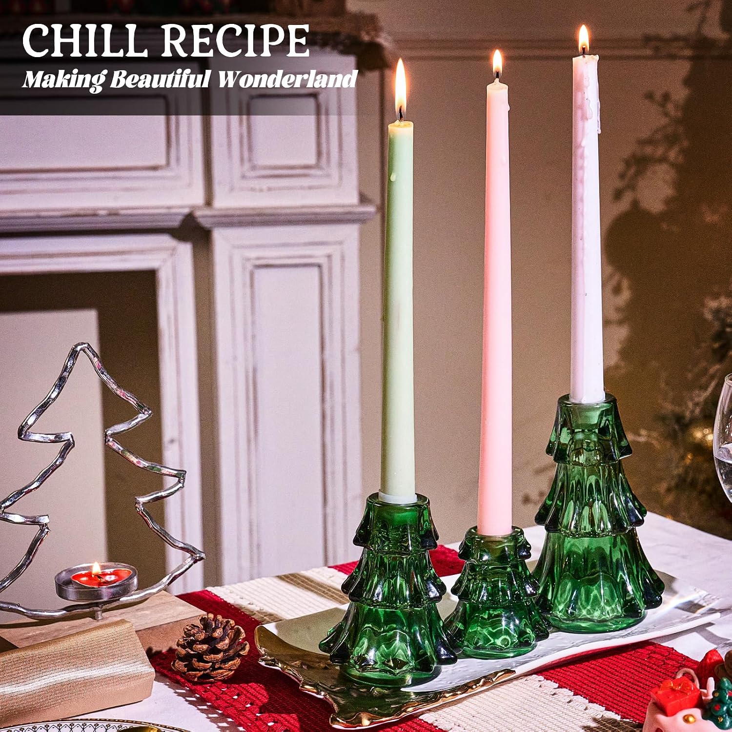 CHILL RECIPE Christmas Tree Candle Holders Xmas Glass Taper Candlestick Holders Thickened with Rubber Candle Grippers for Decoration Table Centerpiece Dinner Party Home Decor(Green 3Pcs &Box)