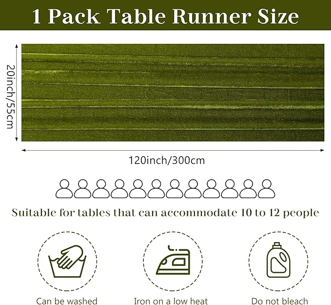 Velvet Table Runner 20 x 120 Inches 10ft Luxurious Thick Soft Velvet Christmas Thanksgiving Wedding Reception Table Runner for Party Reception Decorations(Olive Green, 1 Pack)