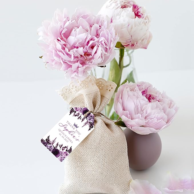 Andaz Press 40-Pack Personalized Quinceañera Favor Tags with String, Purple Florals Custom Classic Thank You Gift Tags for Quince Años XV 15th Birthday Favor Gifts Quinceanera Decorations