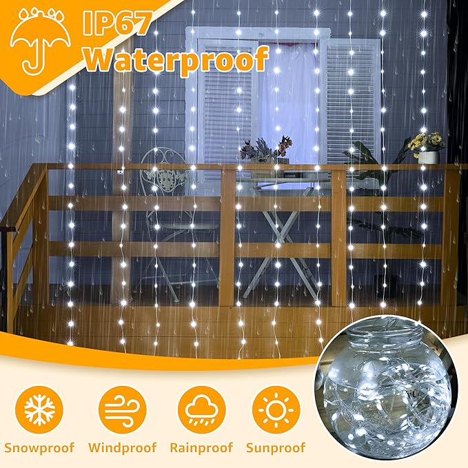 Ollny Curtain Lights 300LED 9.8ftx9.8ft, Connectable IP67 Waterproof Outdoor Curtain String Lights with Remote, Plug-in Untangle Fairy Lights with 8 Modes 3 Timers for Wall Backdrop Decor(Cool White)