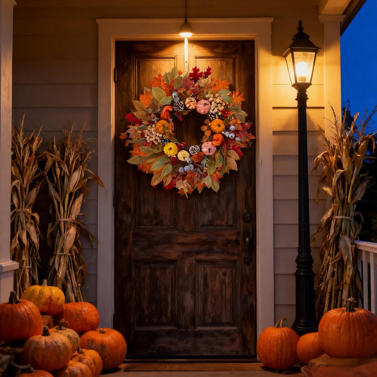 HipTree 24In Fall Wreath Pumpkin Maple Berry Front Door Thanksgiving Decor