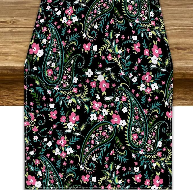 Paisley Table Runner, Abstract Vintage Boho Pink Paisley Flowers Green Teal Leaves Print Table Runner for Dinning Holiday Party Indoor Outdoor Decor, 13x120inch