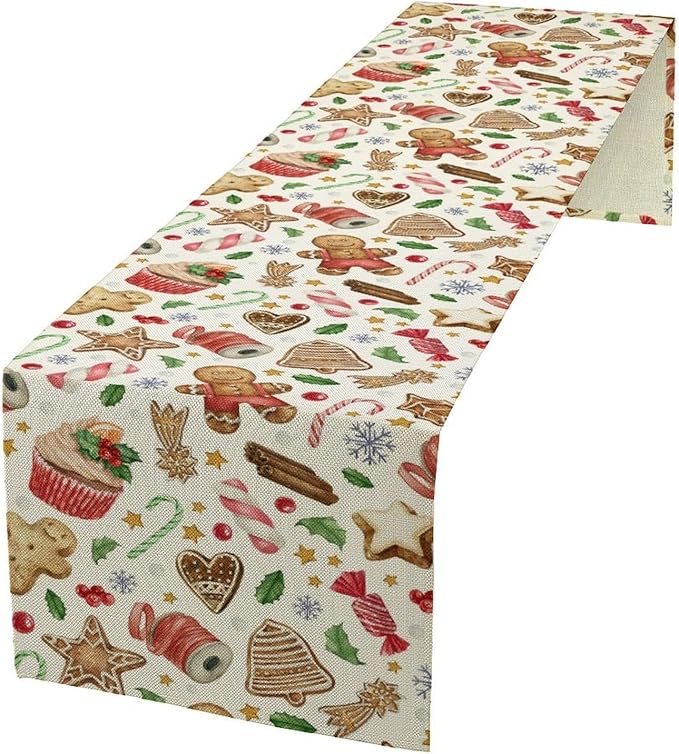 Christmas Table Runner, Christmas Gingerbread New Year Xmas Table Cloth Kitchen Dining Table Decoration for Home Party Decor 13x108 Inch