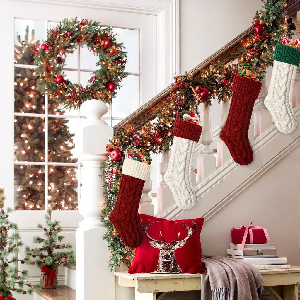 Christmas Stockings 18 Inches Classic Cable Knitted Set Large Classic Fireplace Hanging Stockings for Kids,Family Stocking Holiday Party Xmas Decoration（Red White,4Pack）