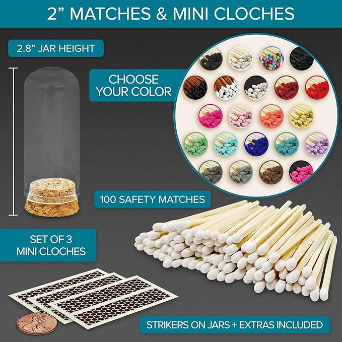 2" Matches in 3 Mini Glass Cloche Jars + Striker Stickers Included | 100 Matchsticks Color of Your Choice | Decorative Safety Matches w/a Dome Glass Holder | Gifts & Home Decor by Thankful Greetings