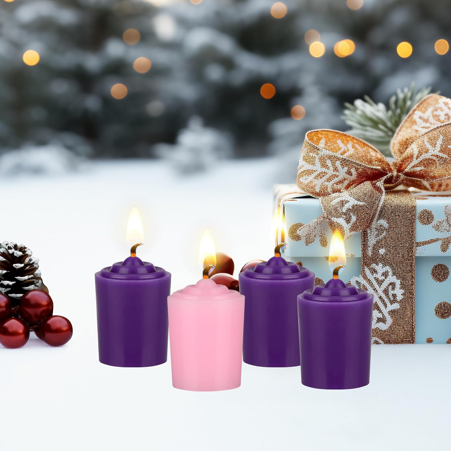 Mega Candles 4 pcs Unscented Christmas Advent Candles Set, Hand Poured Premium Wax Votive Candle 15 Hours 1.5 Inch x 2.25 Inch, Holidays, Occasions, Devotional, Church, Wreath, Party, Gifts