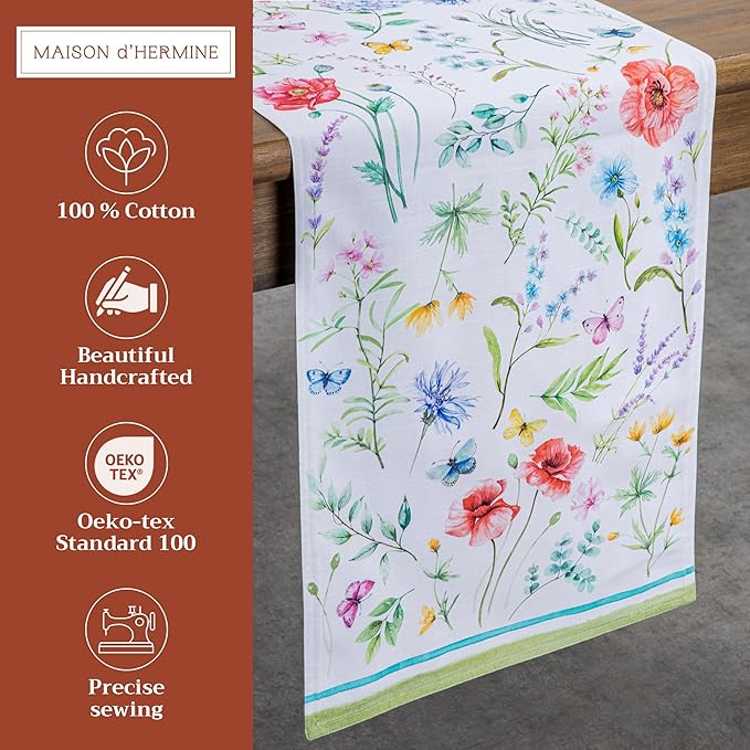 Maison d' Hermine Table Runner 100% Cotton Double Layer Table Runners 108 inches Long Decorative for Home Kitchen Dining Party Wedding Bridal Shower Spring Summer (Just Floral, 14.50" x 108")