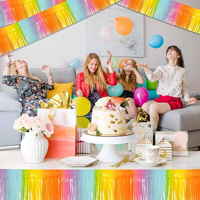 6 Pack 10 Ft Light Rainbow Foil Fringe Garland Metallic Streamers Tinsel Banner Wall Hanging Garland Backdrop for Parade Floats, Halloween, Christmas, Thanksgiving, New Year Party Decorations