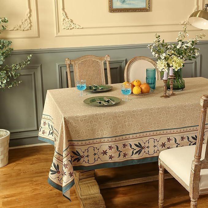 patdrea Designer Linen Extra Long Tablecloth for Rectangle Table,Beige Anti-Wrinkle Durable Floral Farmhouse Table Cloth,Decor Covers for Kitchen Dining,Christmas,Thanksgiving,63"x110"-Fram