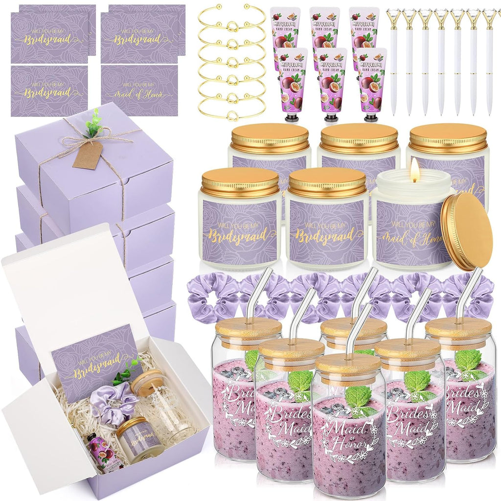 Teenyyou 60 Pcs Bridesmaid Proposal Gifts Bridesmaid Box Set, Maid of Honor Gifts Include Box Glass Cup Candle Cards Hair Ties Knotted Bracelets Hand Cream Diamond Pens (Purple)