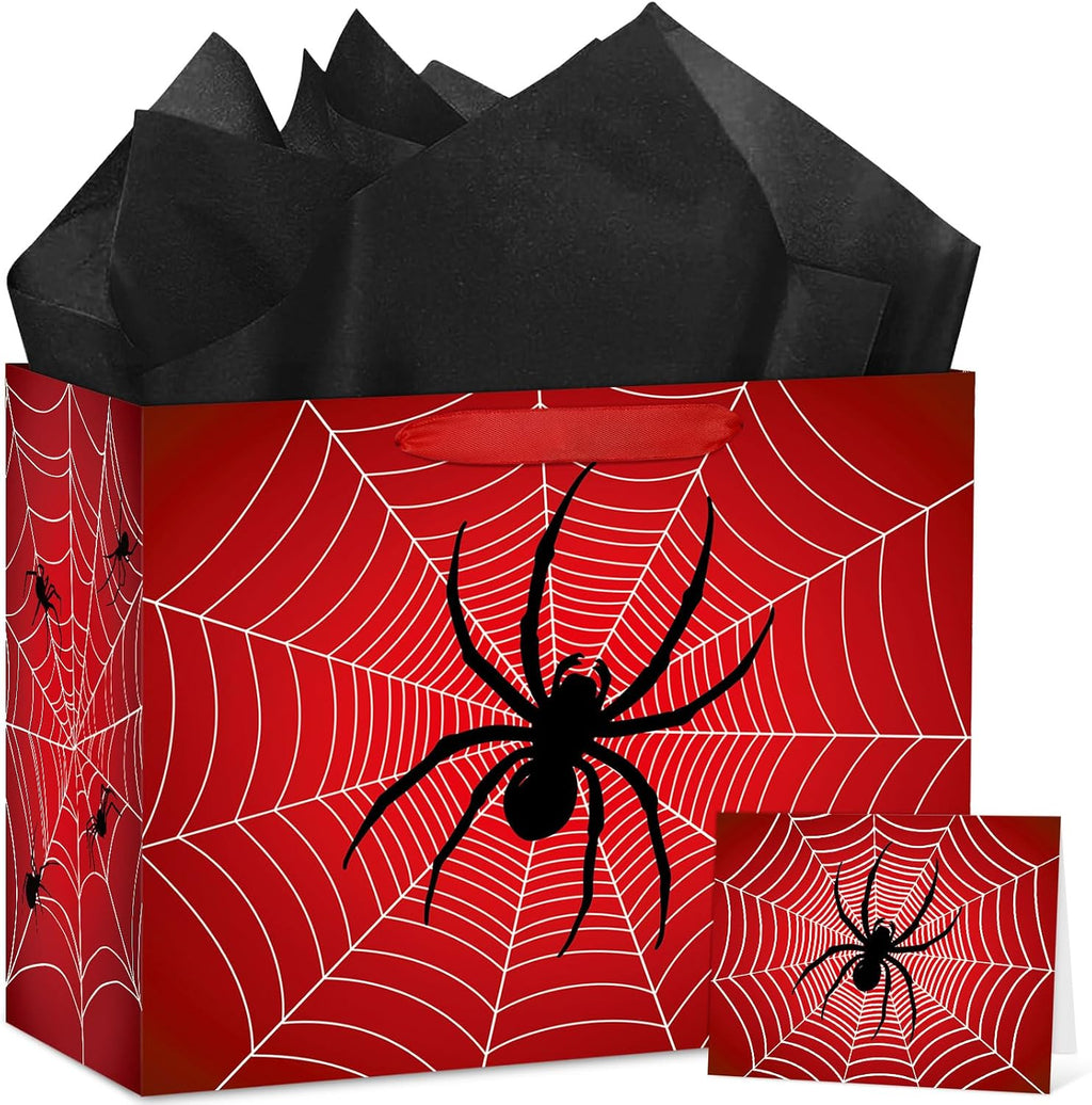 Hooqict Spider Birthday Gift Bag with Handles, Wrapping Paper, Greeting Card for Boys Kids Men Goodie Treat Party Gift Box Black Red Spider Web Birthday Decorations Halloween Bag