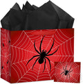 Hooqict Spider Birthday Gift Bag with Handles, Wrapping Paper, Greeting Card for Boys Kids Men Goodie Treat Party Gift Box Black Red Spider Web Birthday Decorations Halloween Bag