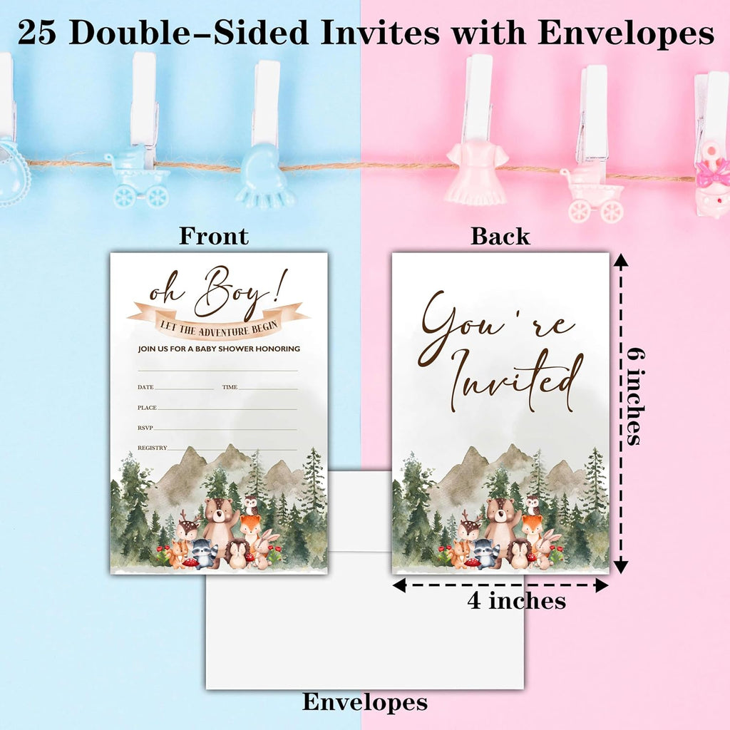 Oh Boy! Baby Shower Invitations, 25 Double-Sided Adventure Baby Shower Invites with Envelopes, Woodland Animals Party Decorations Supplies Favors - A01