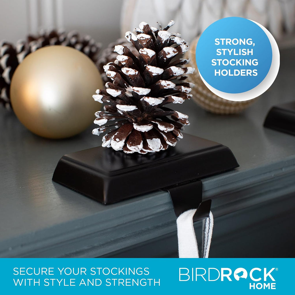 BIRDROCK HOME 4pk Flat Top Holiday Stocking Holder for Mantle | Black Finish with Non-Scratch Base | Fireplace Hook for Christmas Stockings Decor