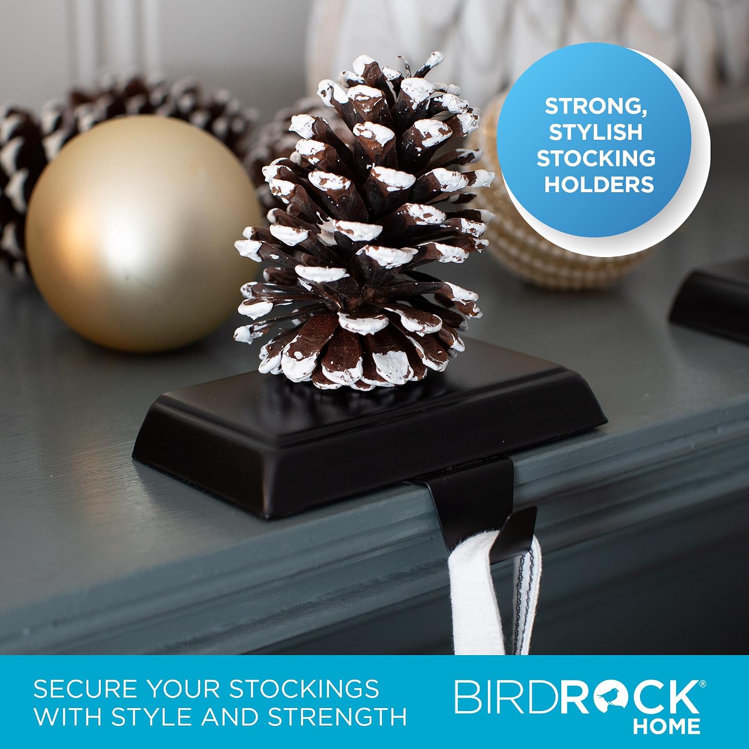 BIRDROCK HOME 4pk Flat Top Holiday Stocking Holder for Mantle | Black Finish with Non-Scratch Base | Fireplace Hook for Christmas Stockings Decor