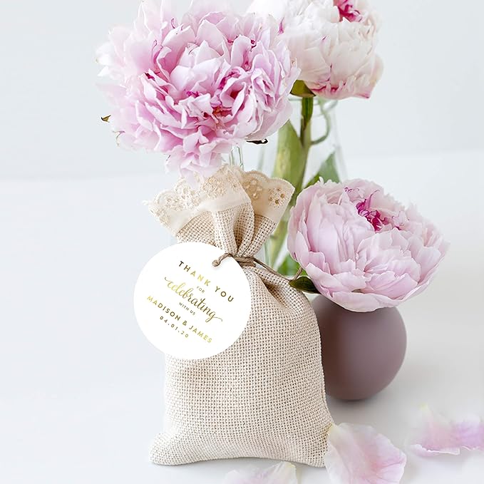 Andaz Press Personalized Round Circle Wedding Gift Tags, Metallic Gold Ink, Thank You for Celebrating with US, 24-Pack, Custom Made Any Name, Baby Bridal Shower, Baptism, Graduation, Business
