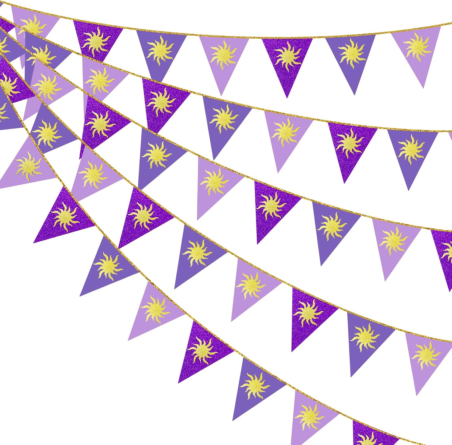 30Ft Purple Sun Party Decorations Purple Pennant Banner Flag Hanging Paper Triangle Bunting with Gold Sun for Birthday Bridal Shower Wedding Bachelorette Engagement Lavender Party Supplies