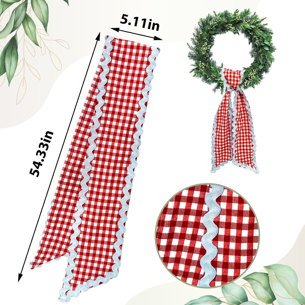 Wreath Sash for Front Door Red White Buffalo Plaid Wreath Satin Sash Blue Wave Garland Ribbon Accessories for Wreaths Yard Doorway Indoor Outdoor Bow Bridal Shower Home Decor,5.11 x 54.33