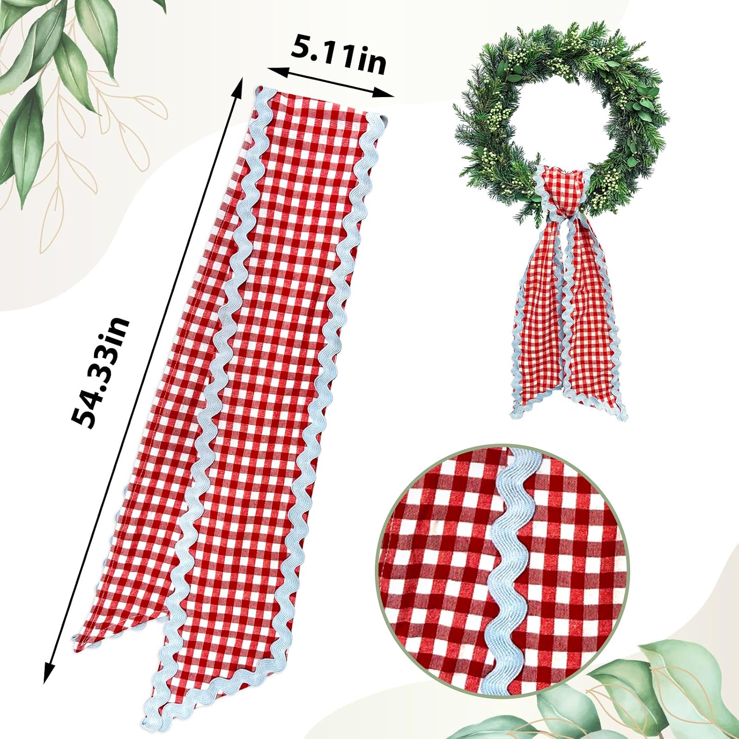 Wreath Sash for Front Door Red White Buffalo Plaid Wreath Satin Sash Blue Wave Garland Ribbon Accessories for Wreaths Yard Doorway Indoor Outdoor Bow Bridal Shower Home Decor,5.11 x 54.33