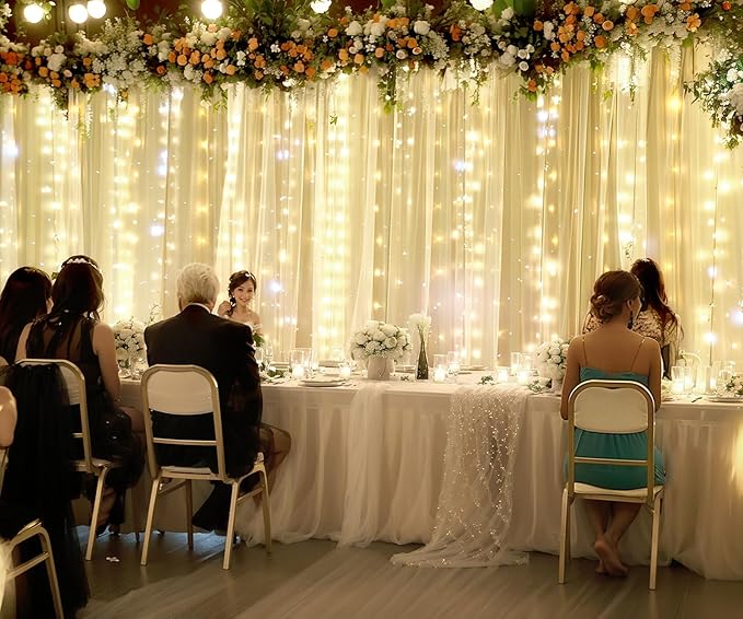 Champagne Tulle Photo Backdrop Curtain with Lights String for Parties Wedding Bridal Shower Sheer Champagne Curtain Backdrop for Birthday Baby Shower Photo Booth Photography 20ft x 8ft