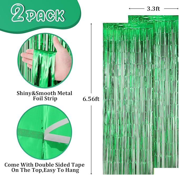2 Pack Green Foil Fringe Backdrop Curtains, Tinsel Streamers Birthday Party Decorations, Fringe Backdrop for Graduation, Dinosaur Theme, Green Party
