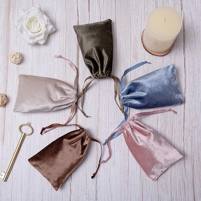 QIANF 12pcs Light Champagne Velvet Drawstring Bags 3x4 inches Glossy Small Velvet Cloth Gift Bags Jewelry Pouches for Storage Wedding Party Favor Christmas