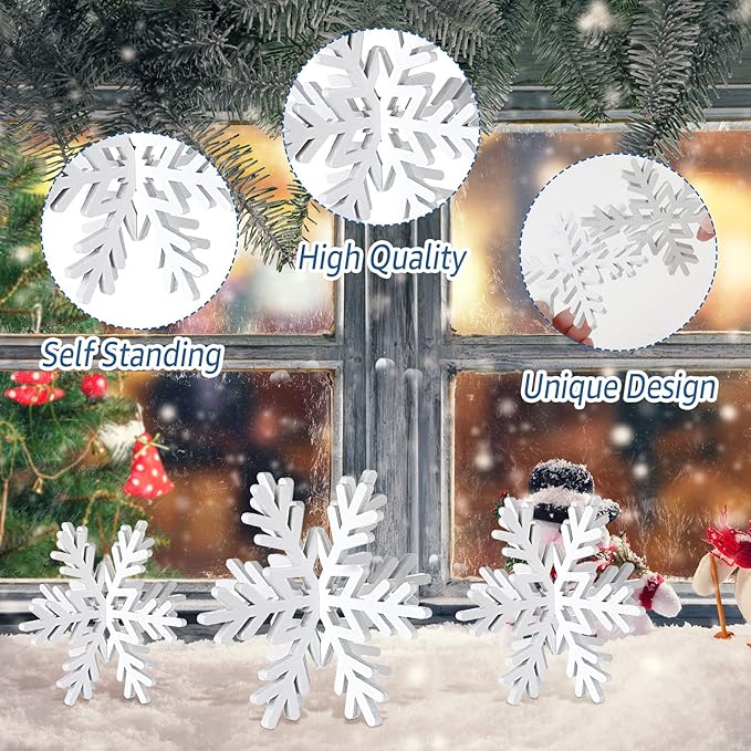 Bucherry 12 Pcs Wooden Snowflake Table Decor 3D Snowflake Tabletop Signs and Centerpiece for Christmas Xmas Winter Wonderland Decorations Home Party(White)
