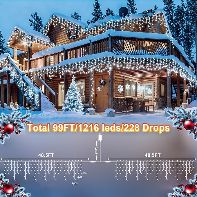 KNONEW 99FT 1216 LED Christmas Lights Outdoor Decorations 8 Modes White Curtain String Light with 228 Drops, Clear Wire LED String Light Indoor Decor for Wedding Party Holiday Christmas