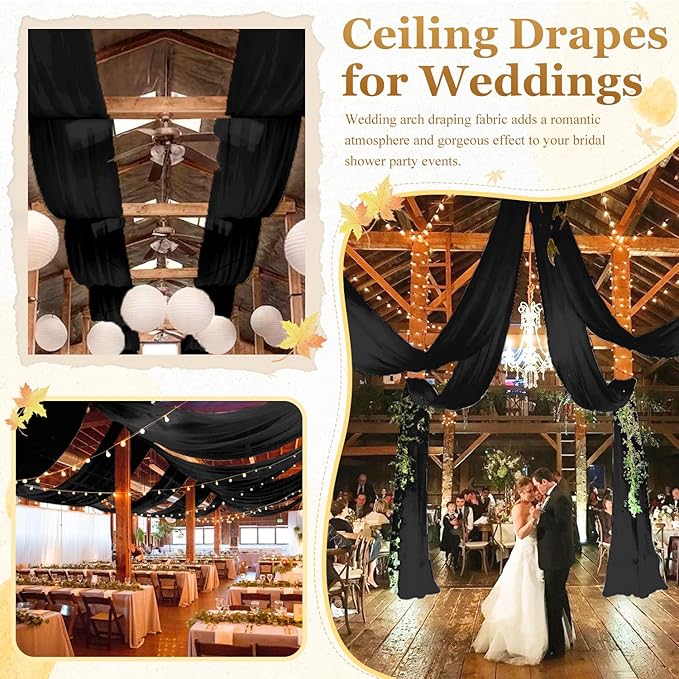 MODFUNS Black Ceiling Drapes for Weddings 2 Panels 5x20 FT Chiffon Wedding Arch Drapes Sheer Curtains Ceiling Decorations Tulle Drapery for Ceremony Archway Draping Fabric for Hallway Tent Stage Party