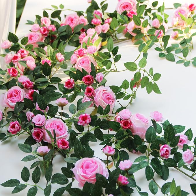 6FT Pink Flower Garland Artificial Rose Vines Hanging Floral Garland for Home Decor Wall Trellis Fence Wall Decoration (Pink 2pcs)