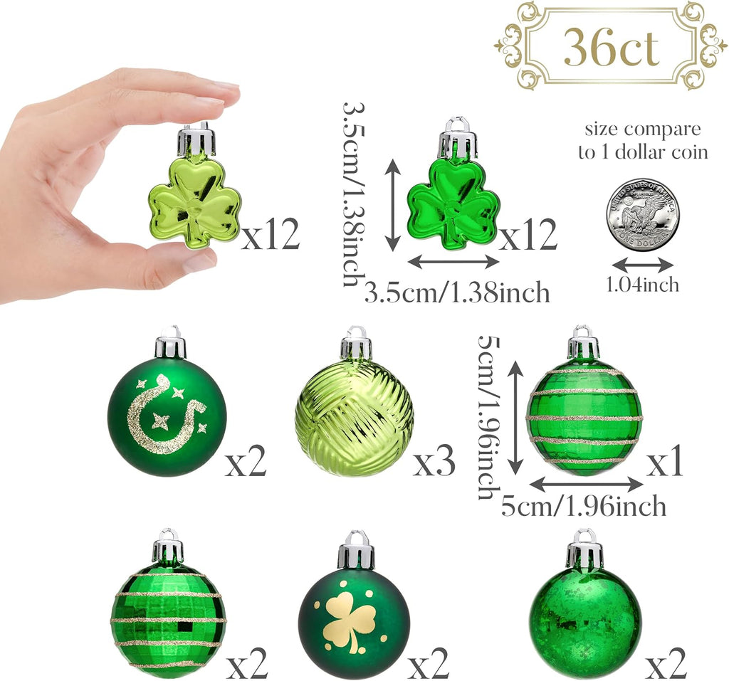 Valery Madelyn St Patricks Day Decorations Shamrock Tree Ornament Set, 36ct 2inch Hanging Ball Ornament Irish Festival Decor, Good Luck Clover Green Gold Christmas Ball for Party Home Spring