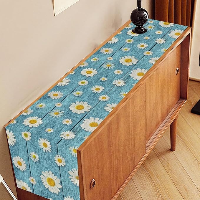 Daisy Floral Table Runner, Farmhouse Abstract Spring Seasonal Summer Blue White Flower Rustic Table Center Decor for Home Kitchen Dining Patio Holiday Party Indoor Table Decorations, 13"x90" Inch
