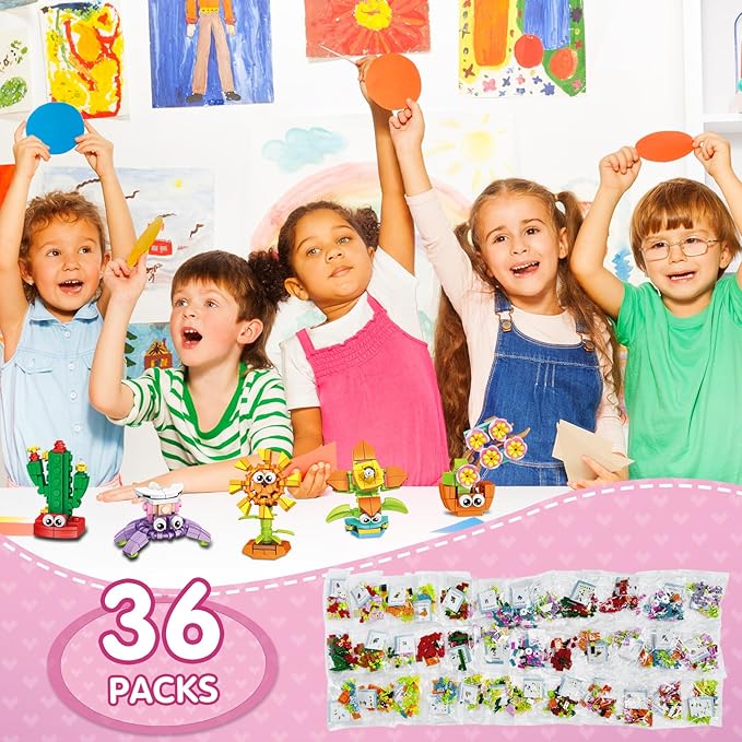 36 Packs Party Favors Building Blocks, Ideal for Kids Classroom Exchange, Flower Bouquets Building Set, Mini Building Flower Set, DIY Unique Great Brithday Gifts for Girls Womens