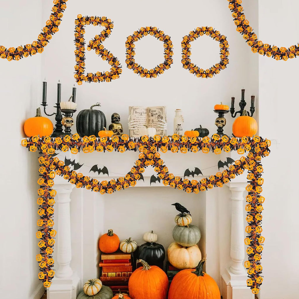 33FT Halloween Tinsel Garland with Orange Pumpkin Ornament, Shiny Metallic Twist Garland Outdoor Indoor Halloween Decorations for Home Table Office Classroom Fireplace Mantle Party Decor