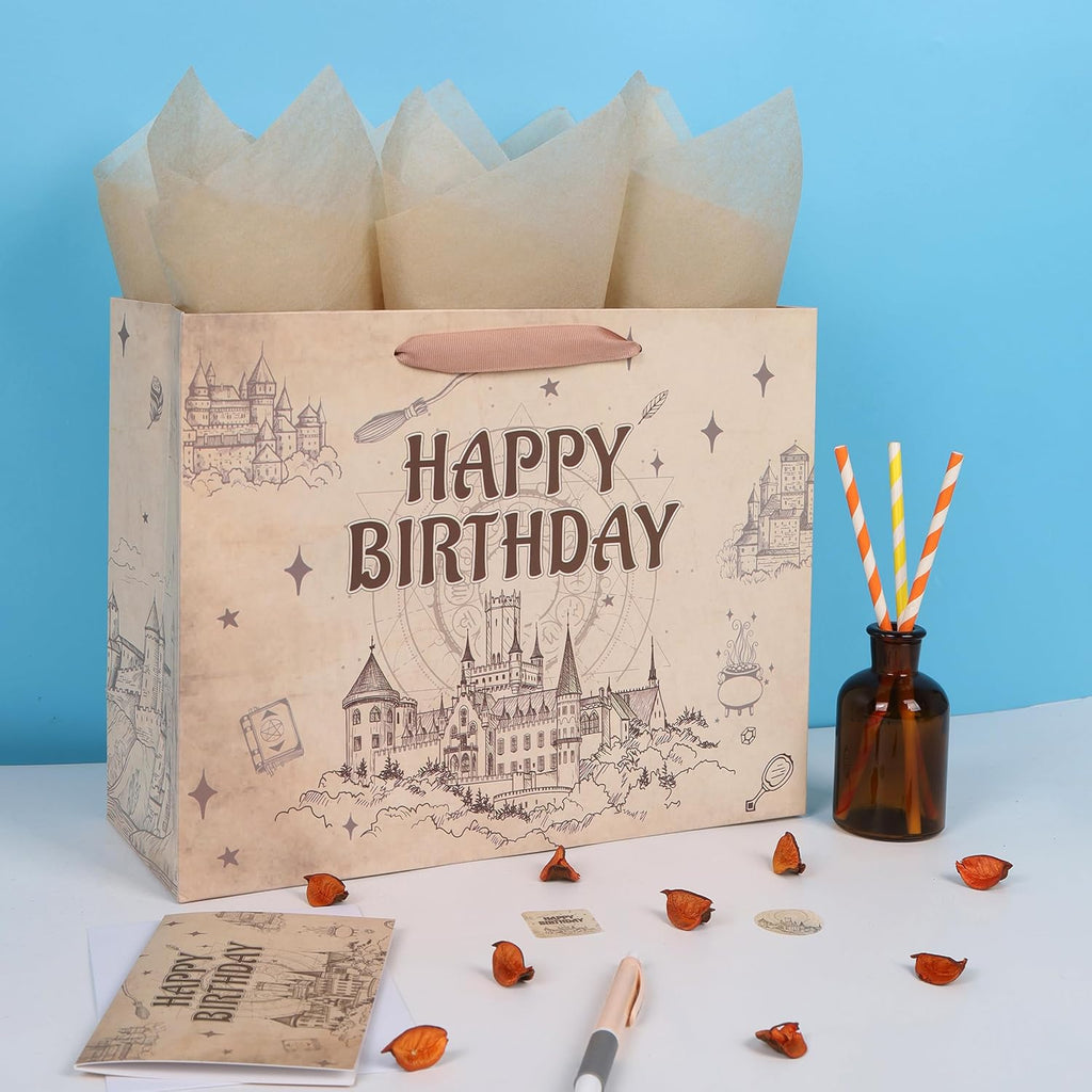 Qirrmiy 13” Large Magical Birthday Gift Bag Set with Handles, Greeting Card, Tissue Papers and Stickers for Boys Girls Teens for Baby, Kids‘ Birthday Party, 1 Pcs