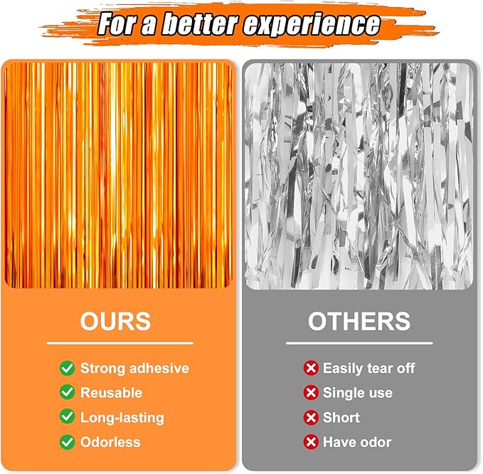 Crosize 2 Pack Foil Fringe Curtains Party Decorations, Orange Tinsel Curtain Backdrop for Parties, Door Streamers, Glitter Streamer Fringe Backdrop for Birthday Decoration