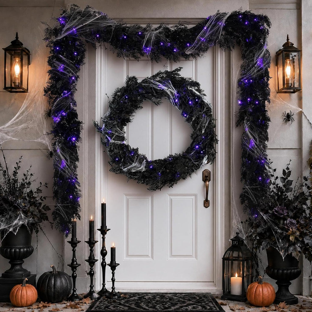 pre-lit halloween garland decorations black real touch cedar, side view