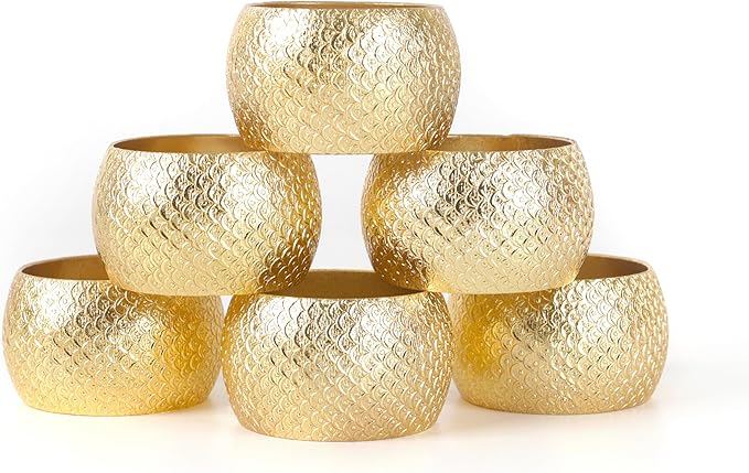 Napkin Holders for Cloth Napkins Set of 12 - Lightweight Metal Round Napkin Holder Hammered Textured,Elegant Table Décor for Weddings, Dinners, Holidays, Events, Kitchen & Dining (Gold) - CLEENTABLE