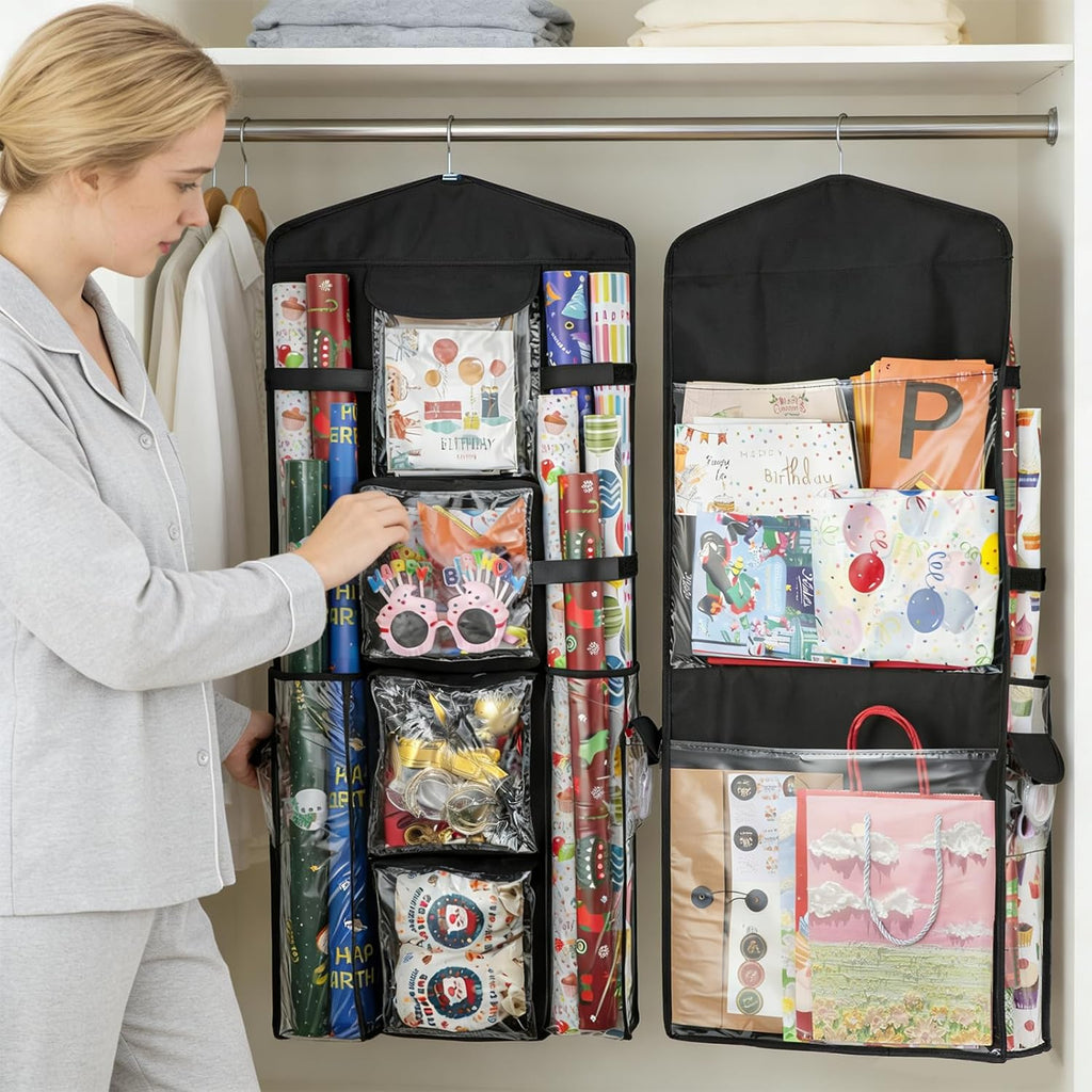 Christmas Wrapping Paper Organizer Storage, Hanging Gift Bag Storage Organizer, Double-Sided Wrapping Paper Holder Storage - Black